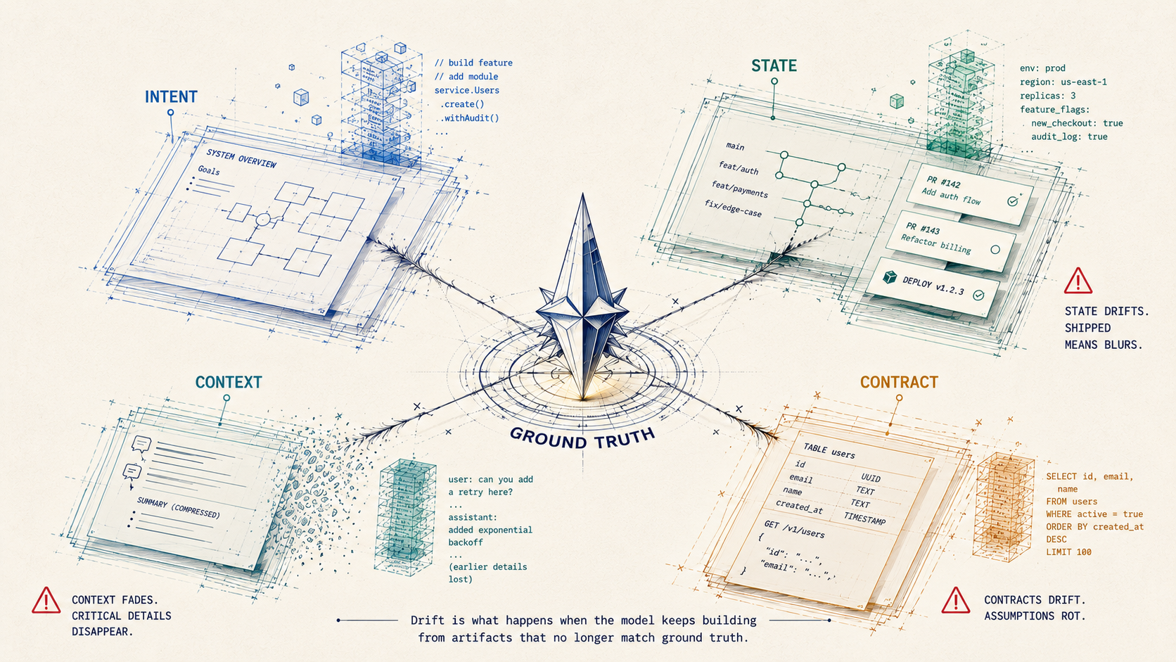 Editorial illustration showing Intent, State, Context, and Contract drifting away from Ground Truth.
