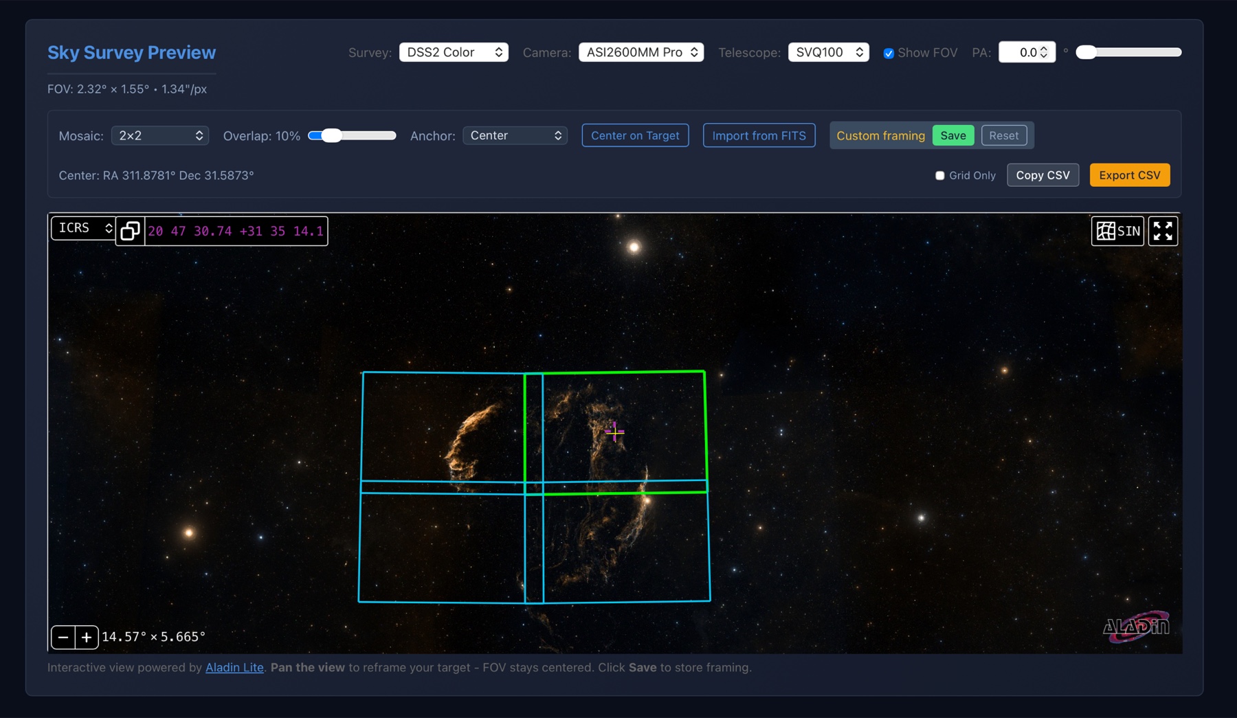 A sky-survey framing preview: a real deep-sky survey image of the Veil Nebula region with a 2 by 2 mosaic grid of camera field-of-view rectangles overlaid, plus camera and telescope selectors.