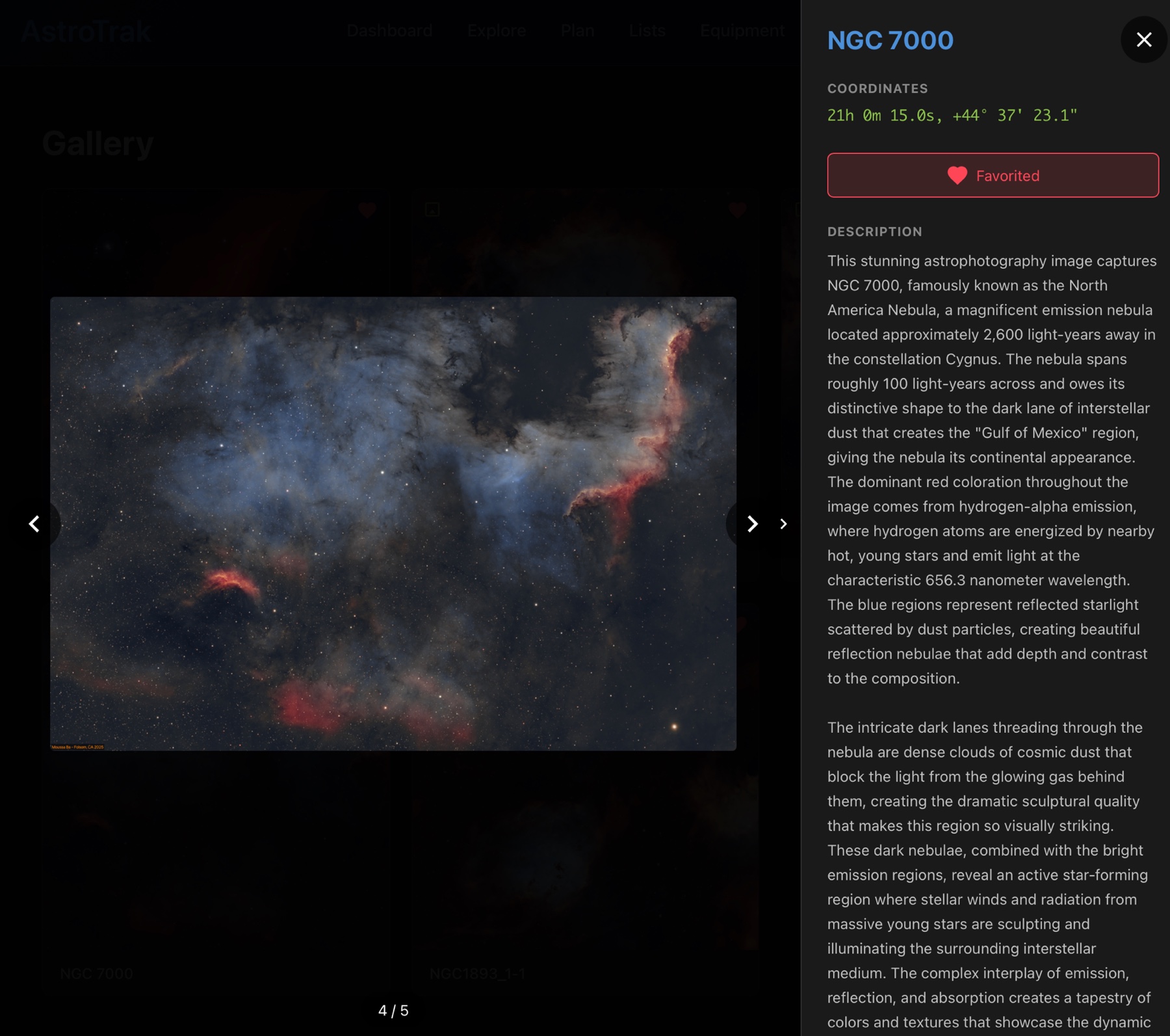 A gallery detail view of NGC 7000, the North America Nebula, showing its coordinates and a multi-paragraph AI-generated description covering the emission nebula, its distance, the hydrogen-alpha emission, and the dark dust lanes.