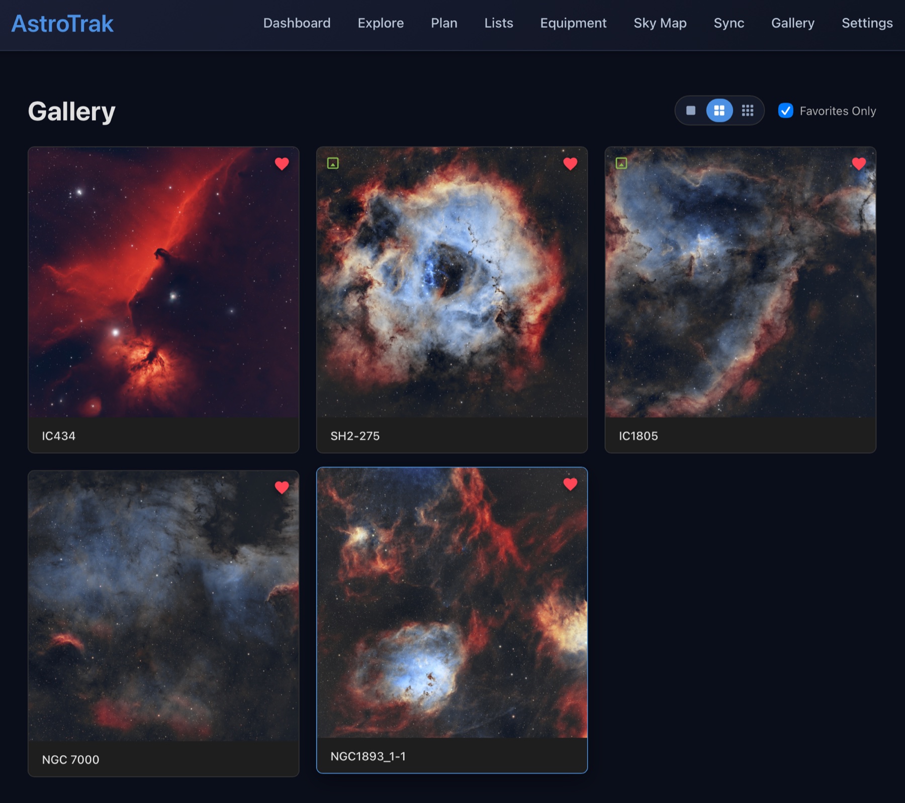 The AstroTrak gallery: a grid of finished astrophotography images, each with a favorite heart, beneath a navigation bar with Dashboard, Explore, Plan, Lists, Equipment, Sky Map, Sync, Gallery, and Settings.