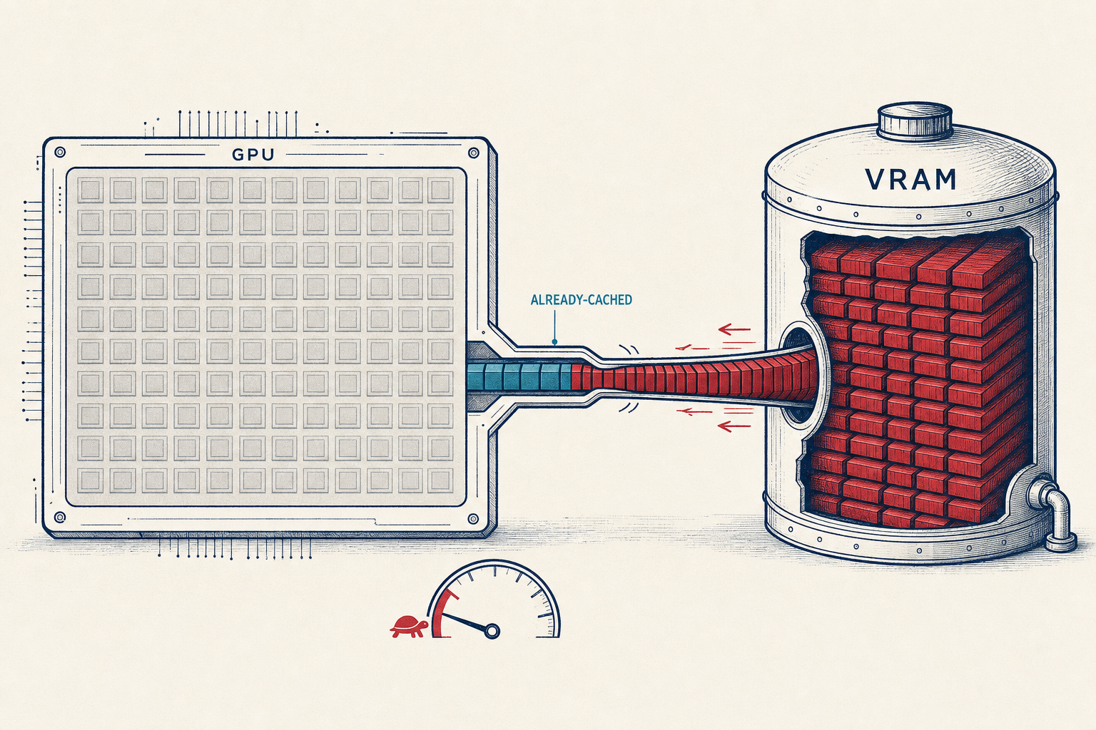 Schematic cross-section of a GPU: a large grid of dim, idle compute cores fed by one narrow pipe from a VRAM tank. A small segment at the pipe entrance is marked as already-cached and effortless; the dominant flow straining through the narrow pipe is the per-token cost paid on every output token.