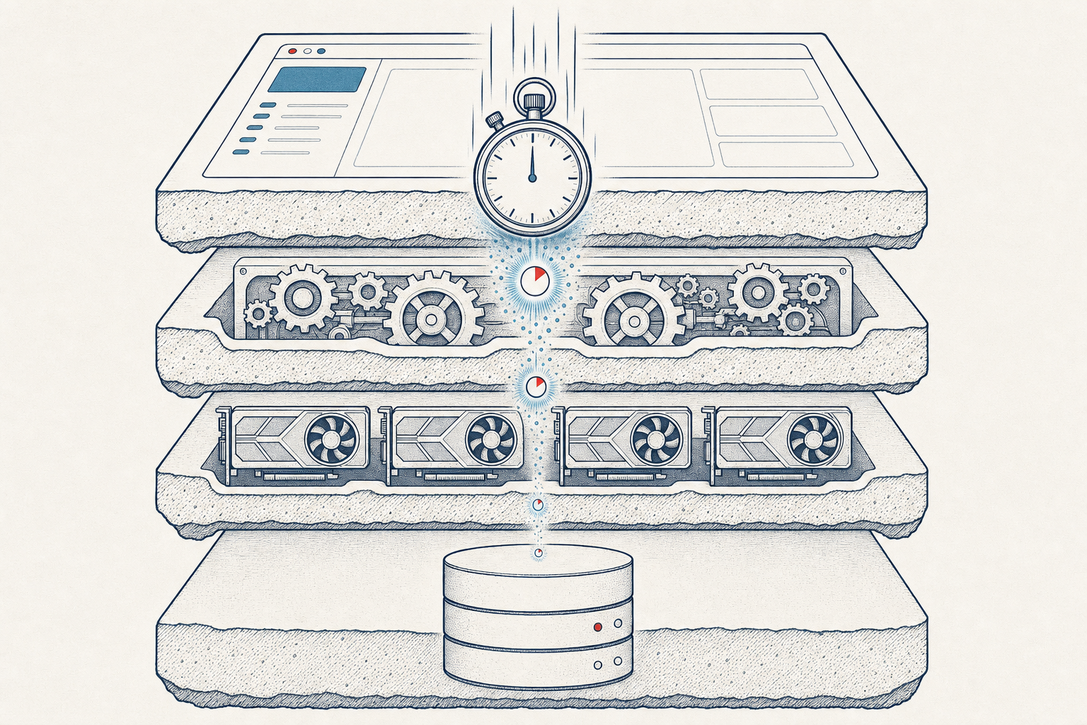 Editorial illustration: a stopwatch falling through four stacked layers (an application window, an inference engine, a row of four GPU cards, and a database), shedding seconds as it descends.