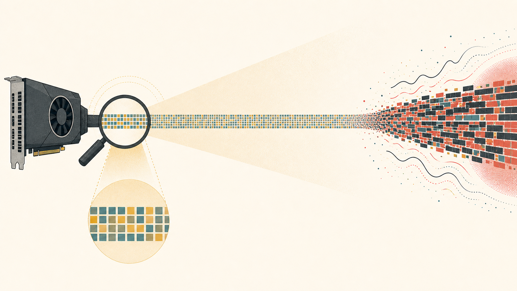 Editorial illustration of a GA102-class desktop GPU feeding a long memory-request stream. A magnifying glass and inset examine only a tiny regular prefix while a different, expanding phase appears much later.