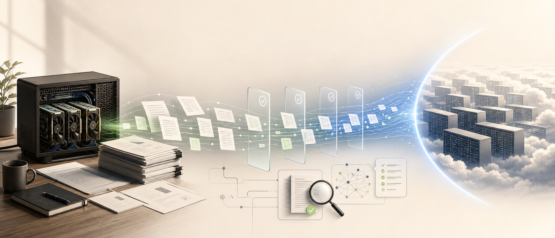 Local compute, evidence documents, verification checkpoints, and a cloud frontier connected by grounded RAG traces.