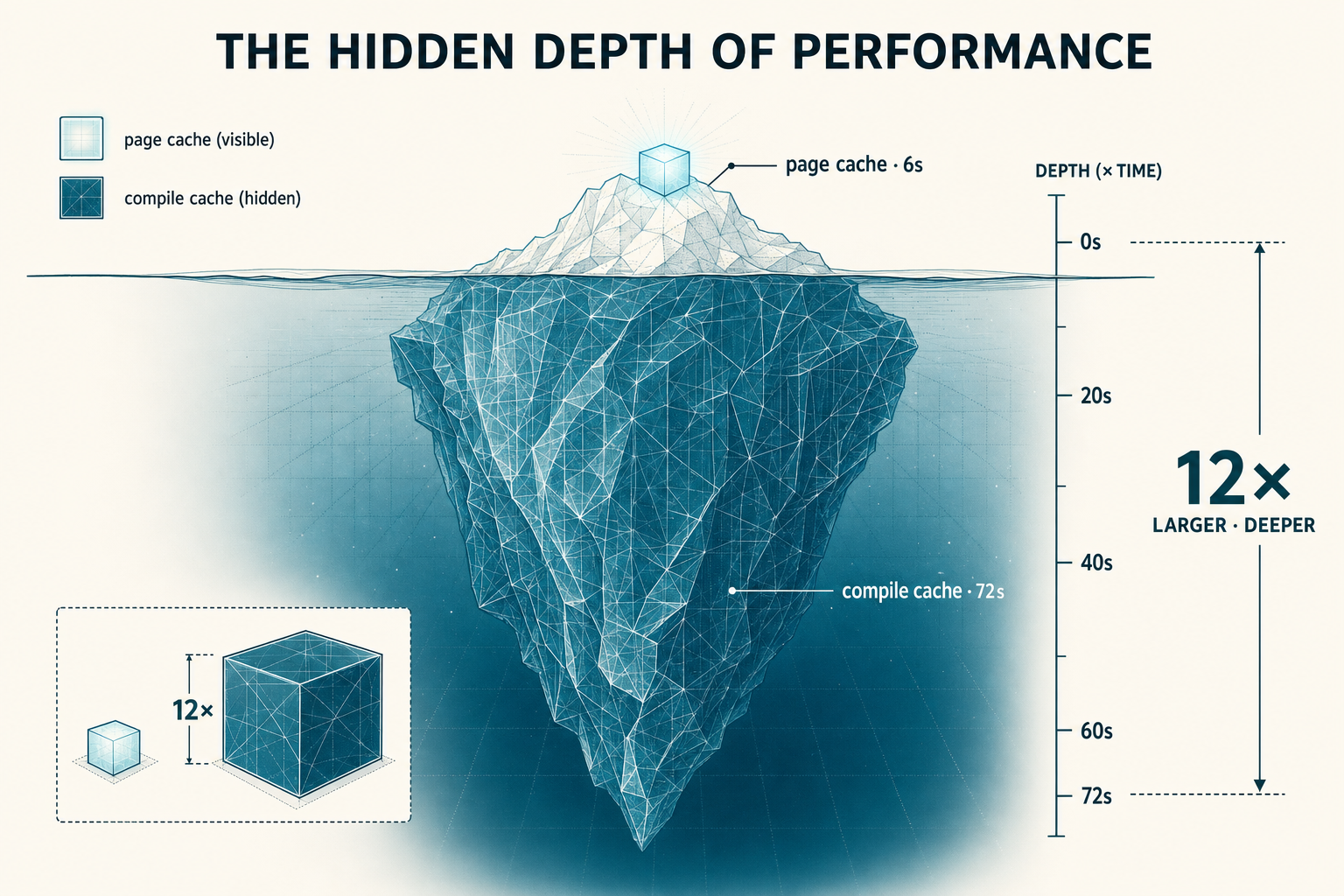 The Hidden Depth of Performance — an iceberg diagram comparing page cache (6 seconds, above the waterline) to compile cache (72 seconds, below). The compile cache is shown as a massive submerged structure roughly 12× larger than the visible page-cache cube, with a depth scale on the right marking 0, 20, 40, 60, and 72 seconds.